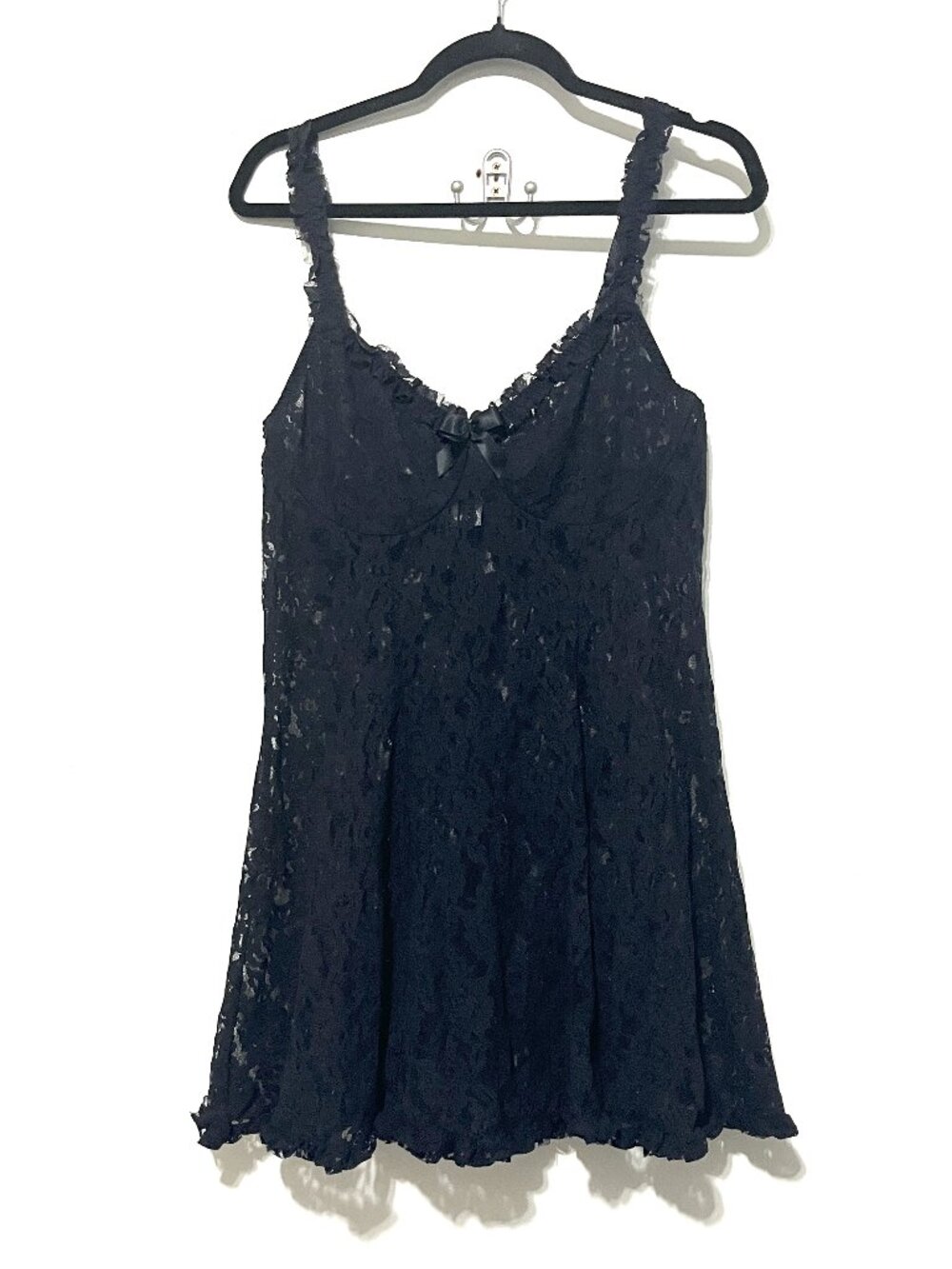 Womens Sheer Lace Slip XL Black Ruffle Dark Coquette Romantic Goth Boudoir Witch